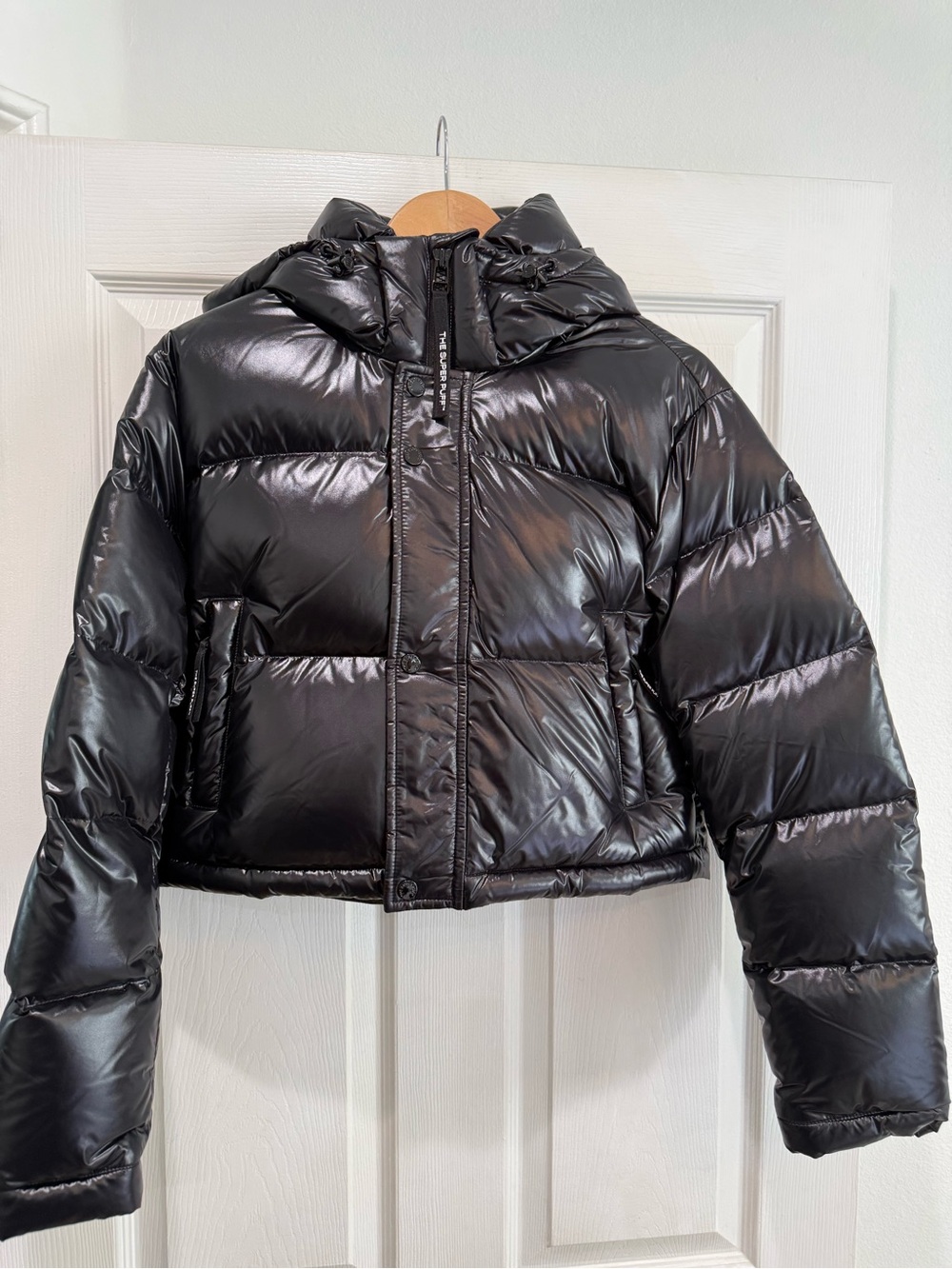Aritzia Glossy Black Cropped Puffer with Hood